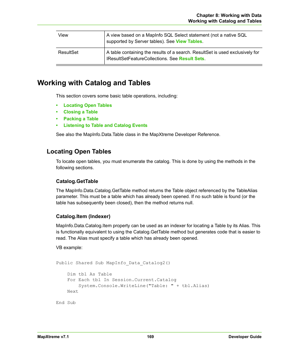 Working with catalog and tables, Locating open tables | Pitney Bowes MapXtreme User Manual | Page 162 / 640