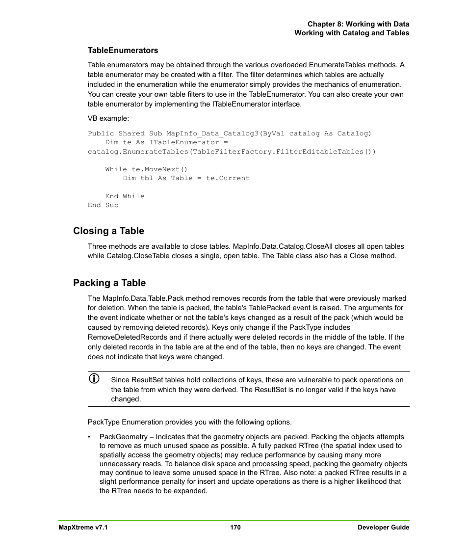 Closing a table, Packing a table, Closing a table packing a table | Pitney Bowes MapXtreme User Manual | Page 163 / 640