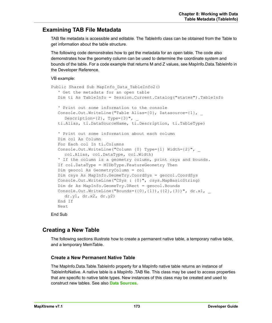 Examining tab file metadata, Creating a new table, Examining tab file metadata creating a new table | Pitney Bowes MapXtreme User Manual | Page 166 / 640