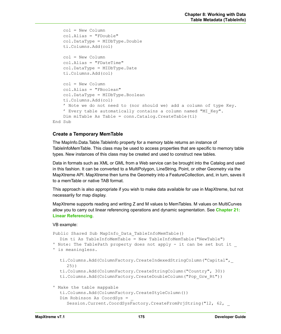 Create a temporary memtable | Pitney Bowes MapXtreme User Manual | Page 168 / 640