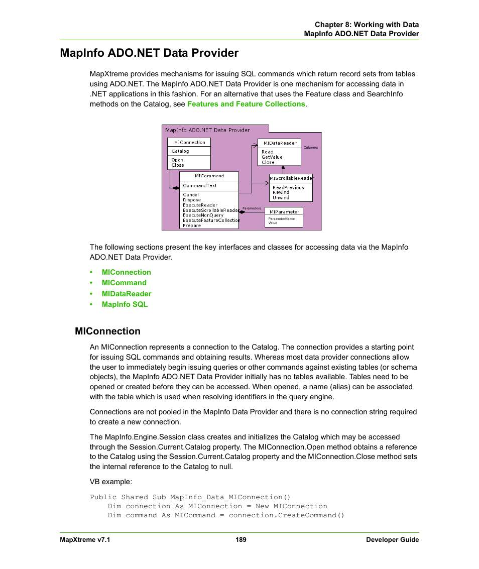Mapinfo ado.net data provider, Miconnection | Pitney Bowes MapXtreme User Manual | Page 182 / 640