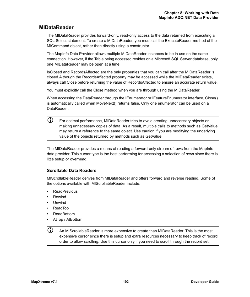 Midatareader | Pitney Bowes MapXtreme User Manual | Page 185 / 640