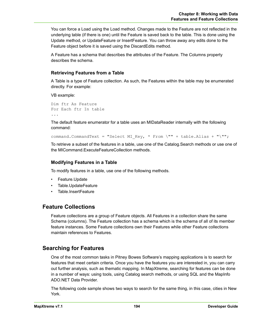 Feature collections, Searching for features, Feature collections searching for features | Pitney Bowes MapXtreme User Manual | Page 187 / 640