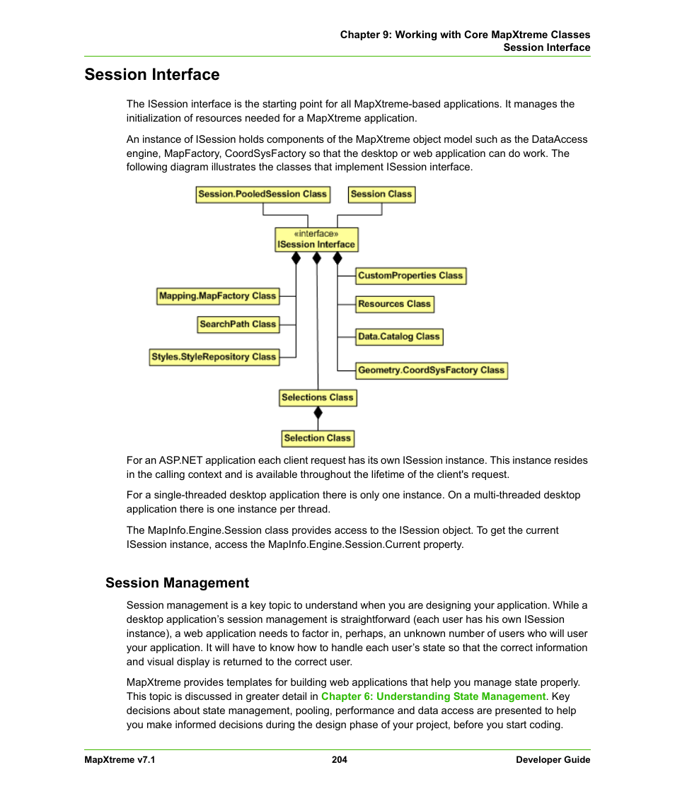 Session interface, Session management, Mapinfo.engine namespace | Pitney Bowes MapXtreme User Manual | Page 197 / 640
