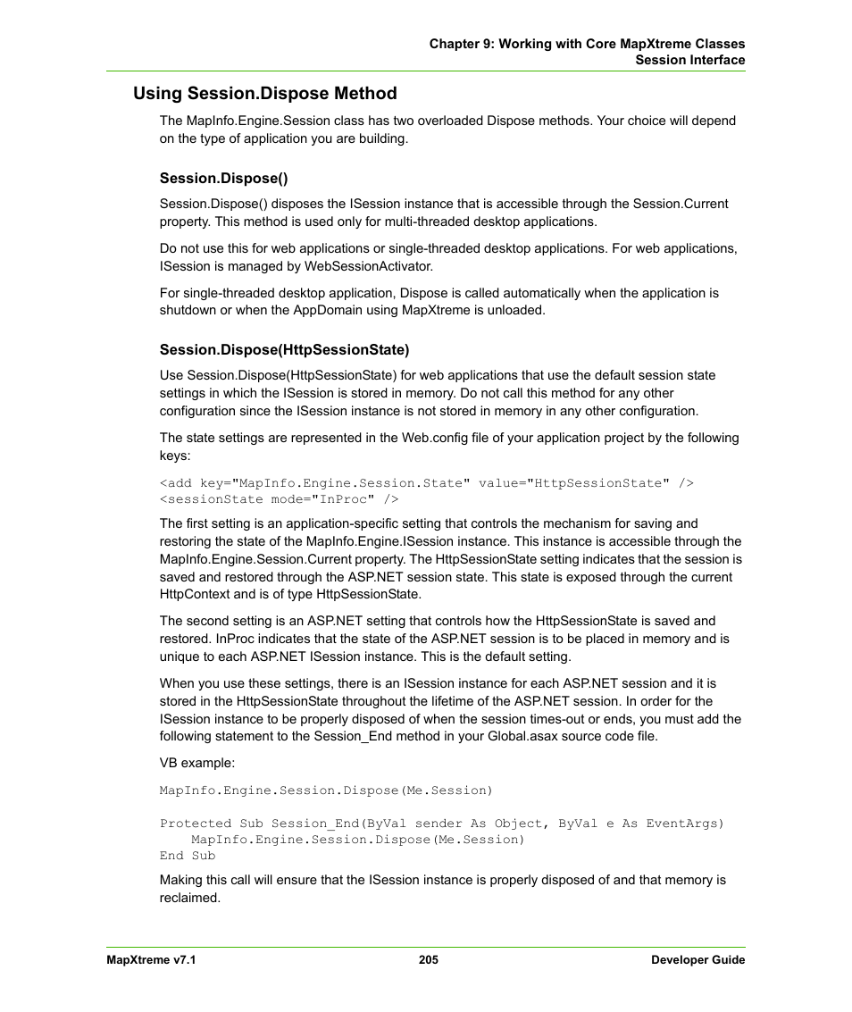 Using session.dispose method | Pitney Bowes MapXtreme User Manual | Page 198 / 640
