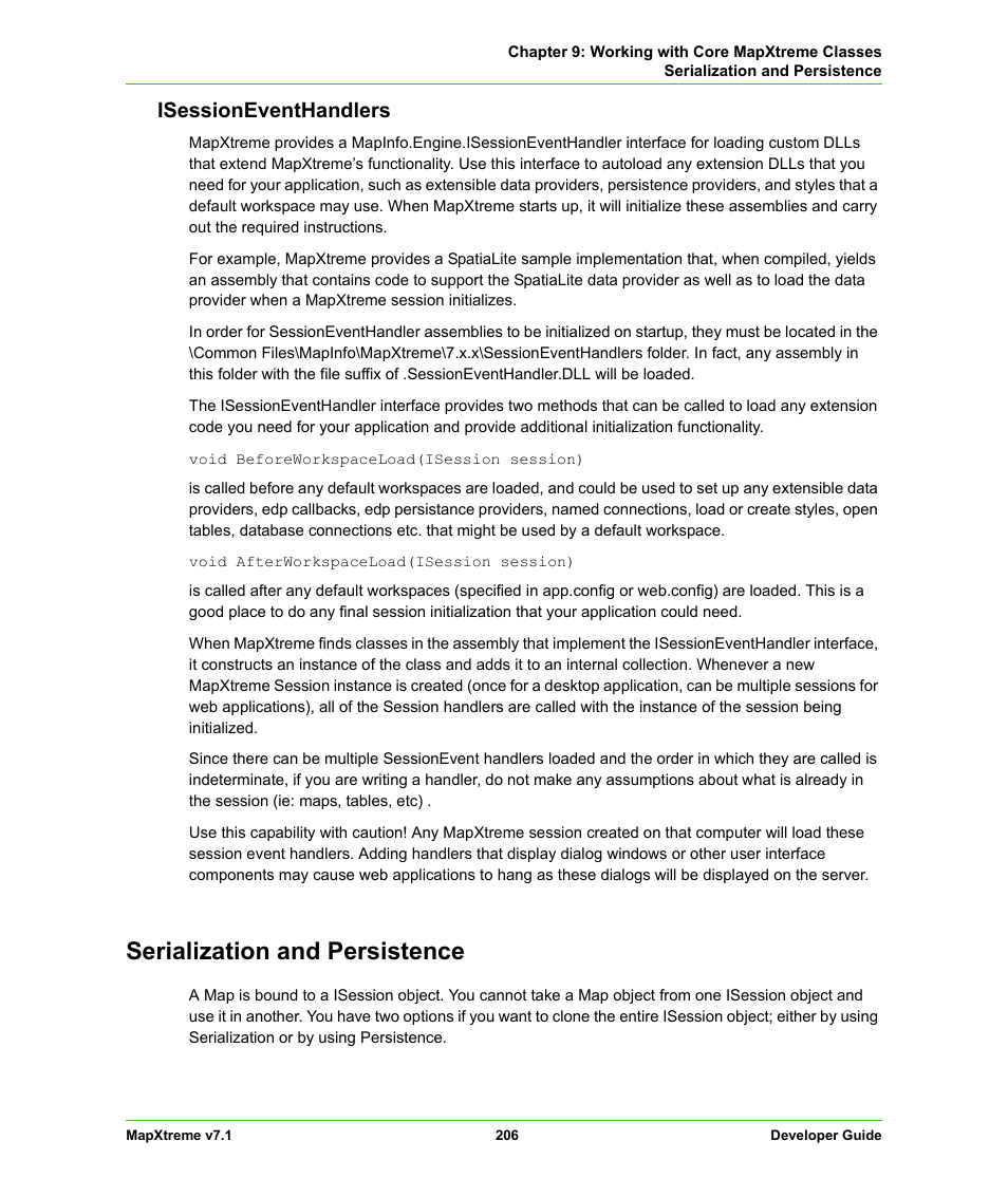 Isessioneventhandlers, Serialization and persistence | Pitney Bowes MapXtreme User Manual | Page 199 / 640