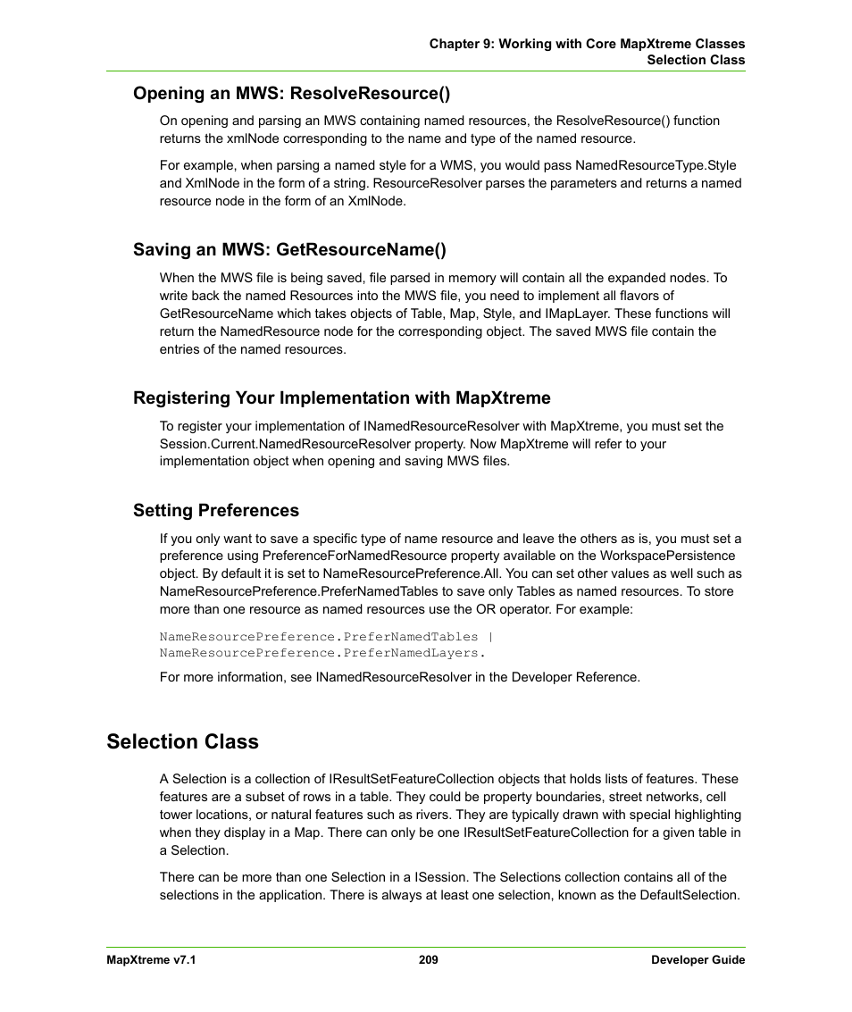 Opening an mws: resolveresource(), Saving an mws: getresourcename(), Registering your implementation with mapxtreme | Setting preferences, Selection class | Pitney Bowes MapXtreme User Manual | Page 202 / 640