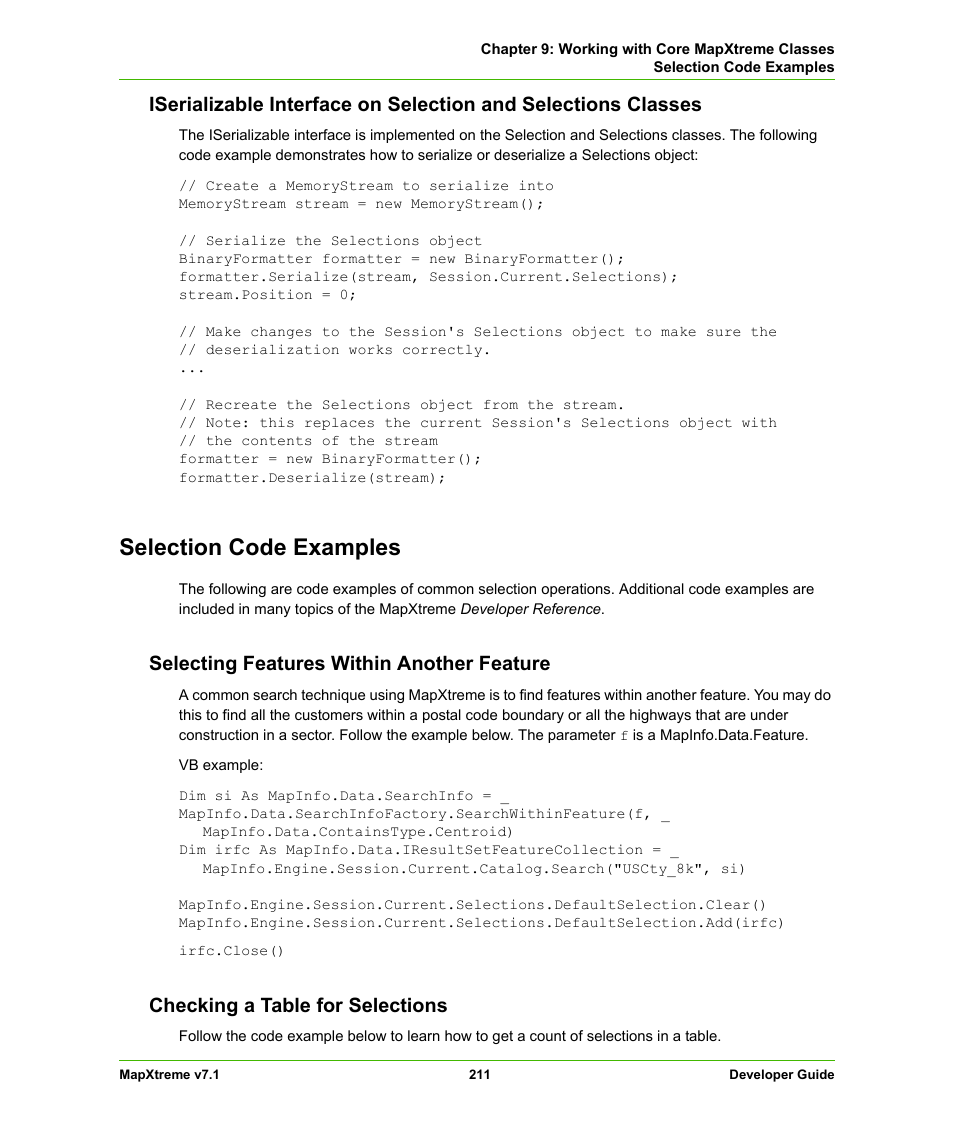 Selection code examples, Selecting features within another feature, Checking a table for selections | Pitney Bowes MapXtreme User Manual | Page 204 / 640