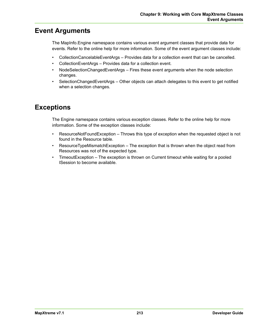Event arguments, Exceptions, Event arguments exceptions | Pitney Bowes MapXtreme User Manual | Page 206 / 640