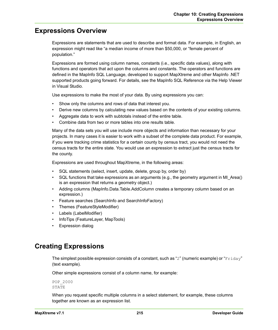 Expressions overview, Creating expressions, Expressions overview creating expressions | Pitney Bowes MapXtreme User Manual | Page 208 / 640