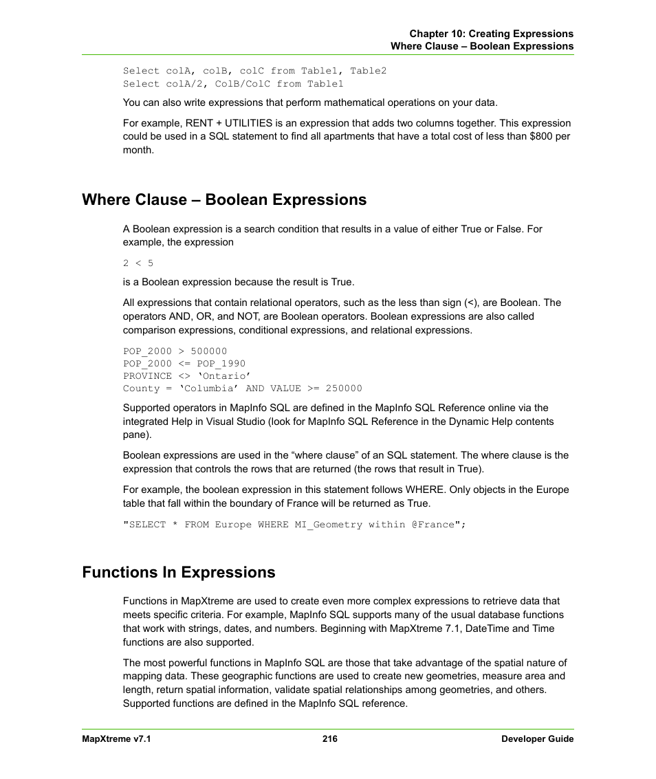 Where clause - boolean expressions, Functions in expressions, Where clause – boolean expressions | Pitney Bowes MapXtreme User Manual | Page 209 / 640