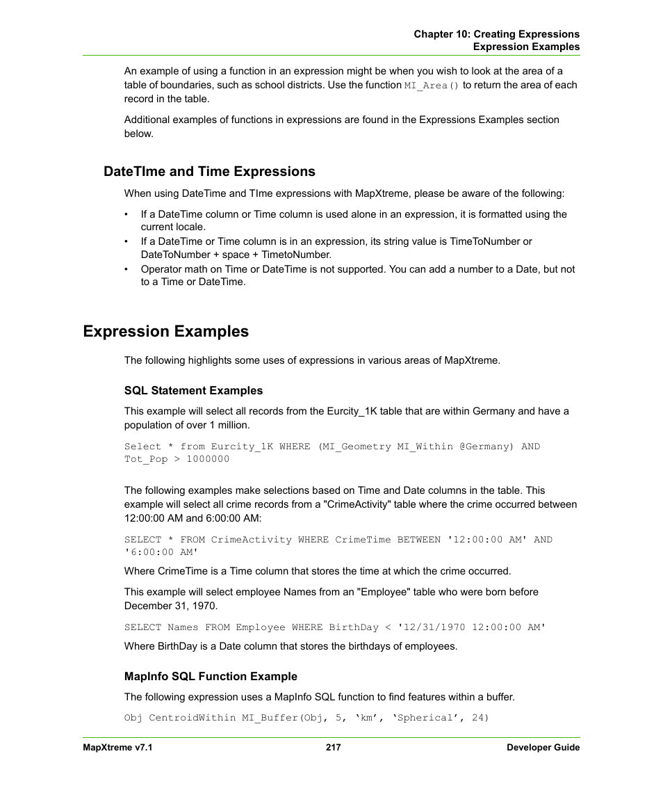 Datetime and time expressions, Expression examples | Pitney Bowes MapXtreme User Manual | Page 210 / 640