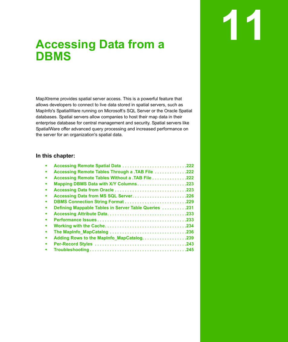 Chapter 11: accessing data from a dbms, Chapter 11, Accessing data from a dbms | Chapter 11: accessing data from, A dbms | Pitney Bowes MapXtreme User Manual | Page 214 / 640