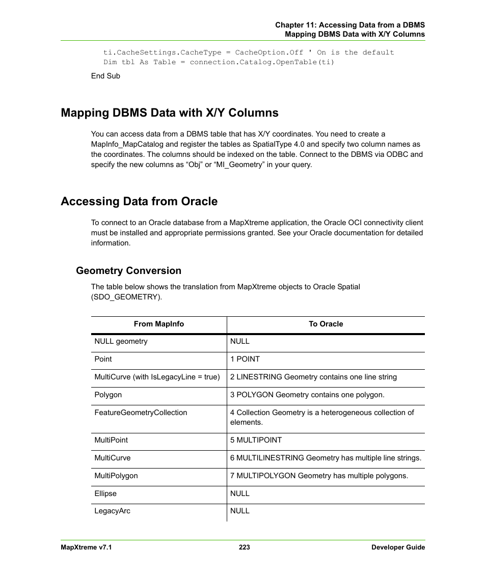 Mapping dbms data with x/y columns, Accessing data from oracle, Geometry conversion | Pitney Bowes MapXtreme User Manual | Page 216 / 640