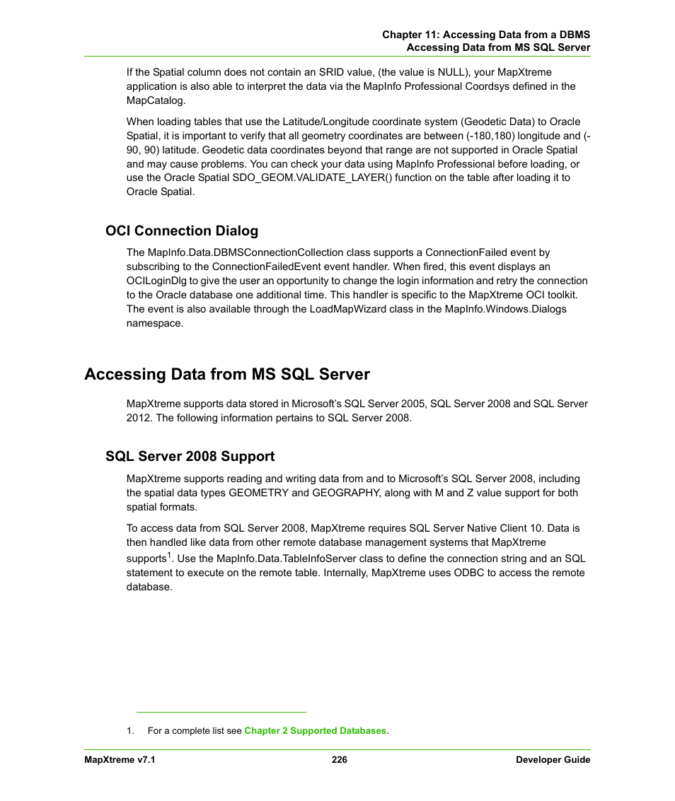 Oci connection dialog, Accessing data from ms sql server, Sql server 2008 support | Pitney Bowes MapXtreme User Manual | Page 219 / 640