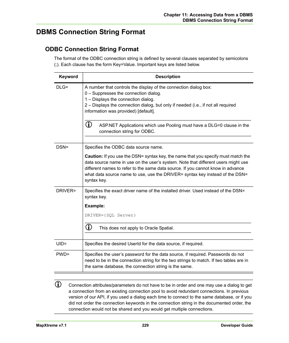 Dbms connection string format, Odbc connection string format | Pitney Bowes MapXtreme User Manual | Page 222 / 640
