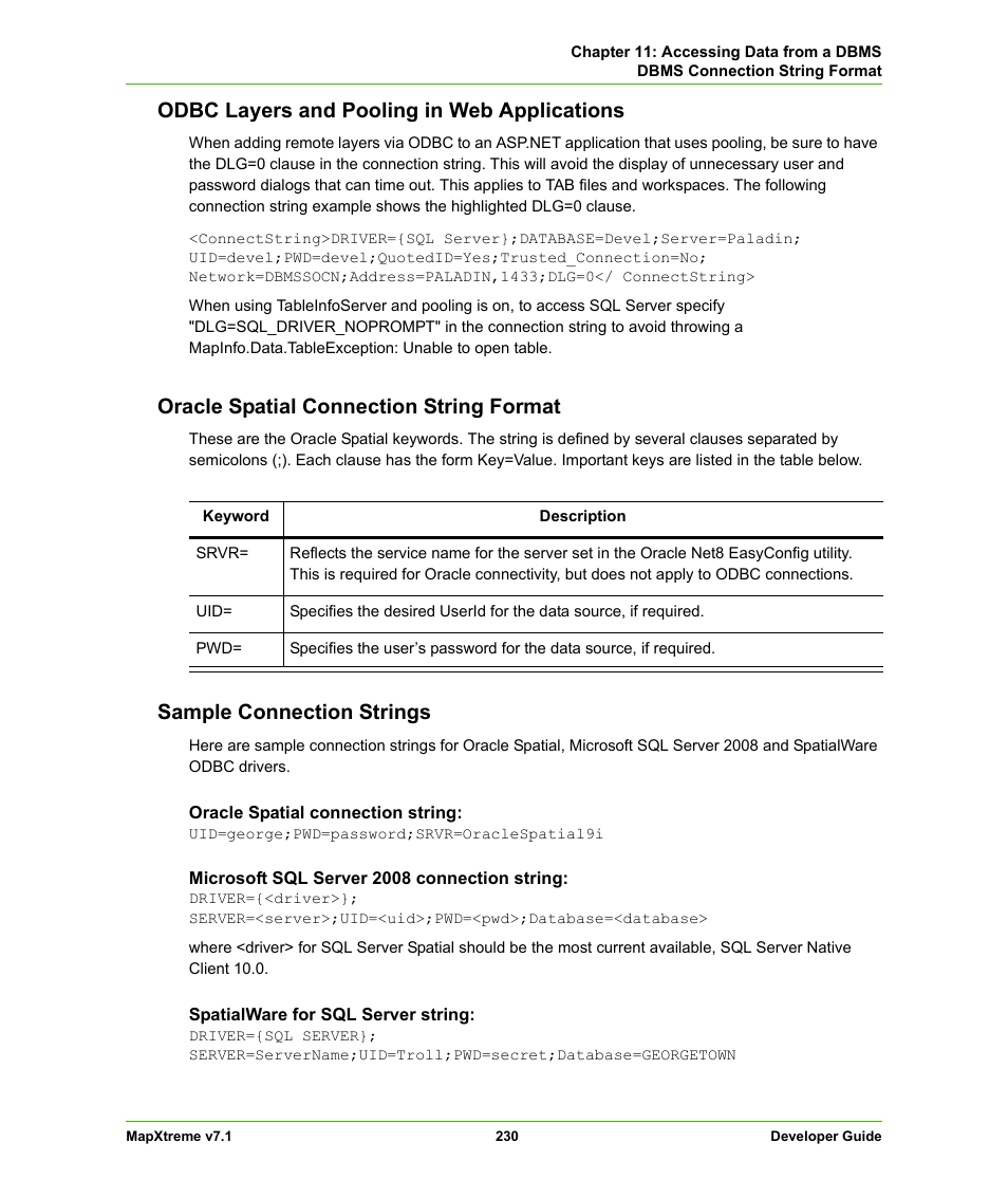 Odbc layers and pooling in web applications, Oracle spatial connection string format, Sample connection strings | Pitney Bowes MapXtreme User Manual | Page 223 / 640