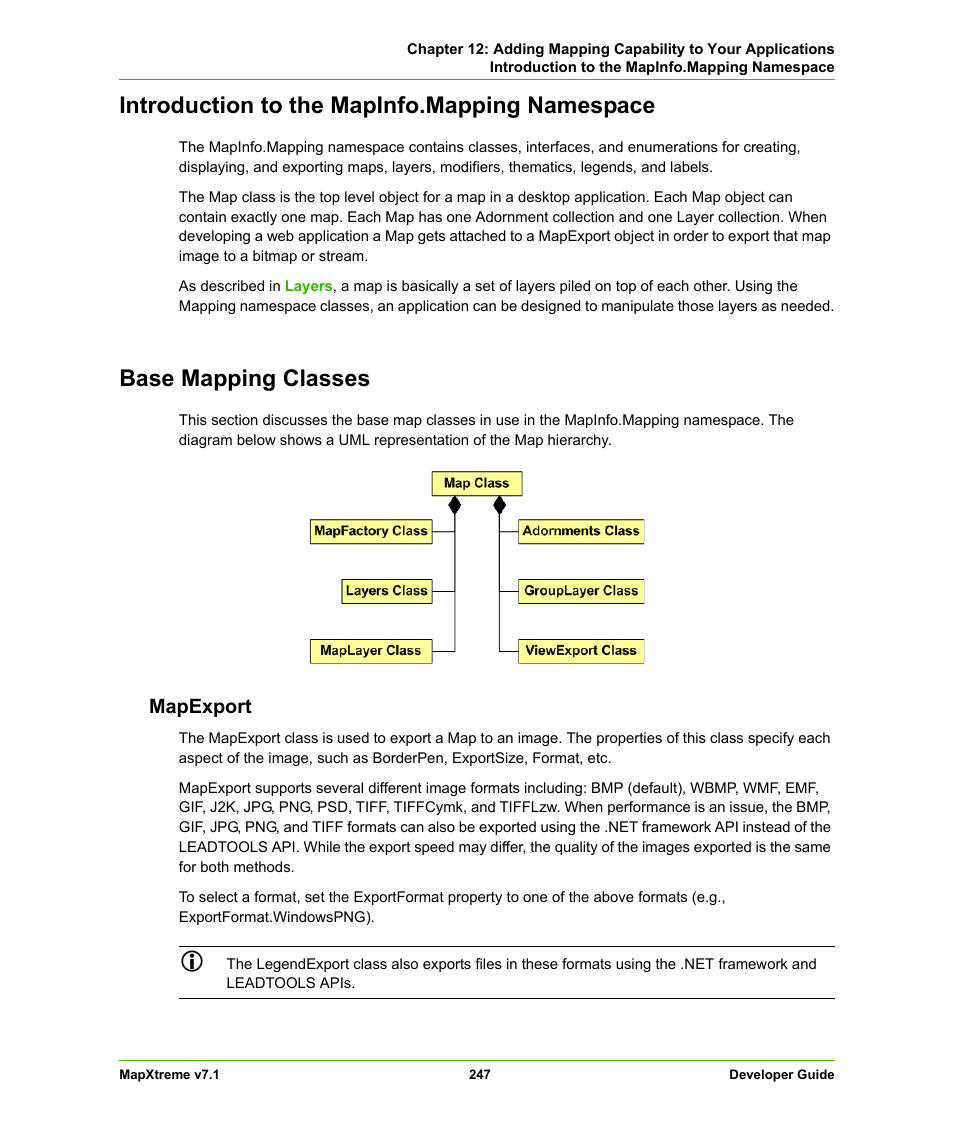 Introduction to the mapinfo.mapping namespace, Base mapping classes, Mapexport | Mapinfo.mapping namespace | Pitney Bowes MapXtreme User Manual | Page 240 / 640
