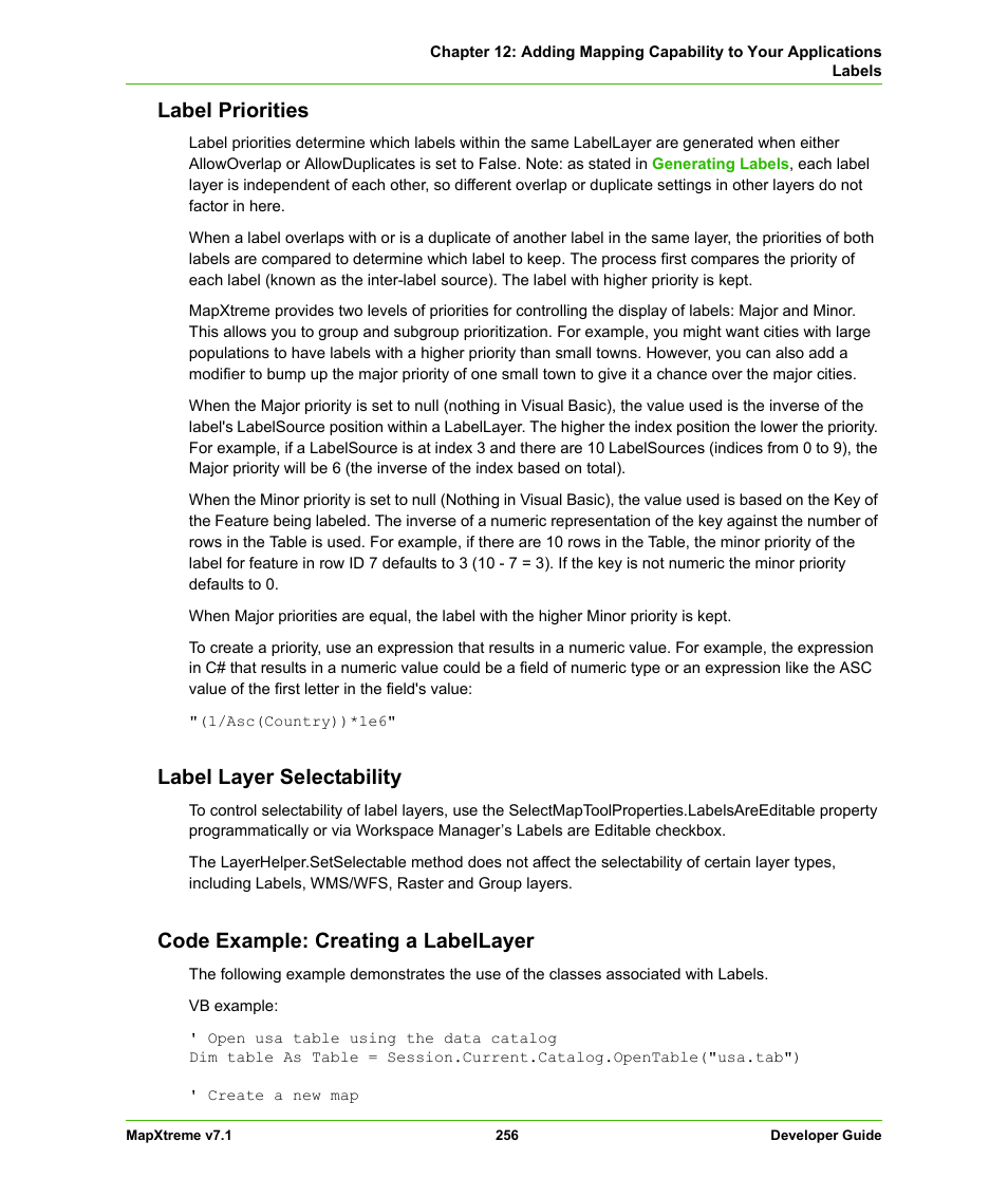 Label priorities, Label layer selectability, Code example: creating a labellayer | Pitney Bowes MapXtreme User Manual | Page 249 / 640