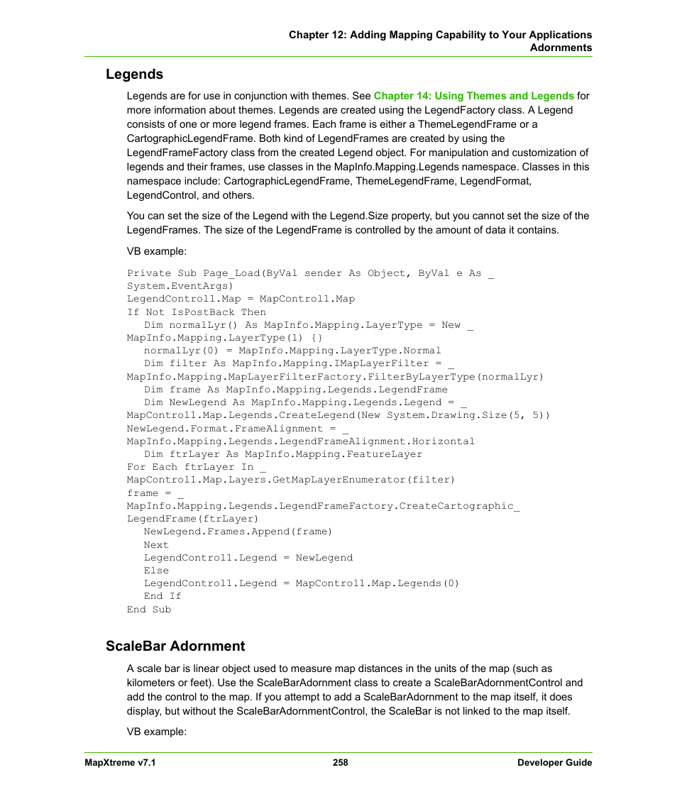Legends, Scalebar adornment, Legends scalebar adornment | Pitney Bowes MapXtreme User Manual | Page 251 / 640