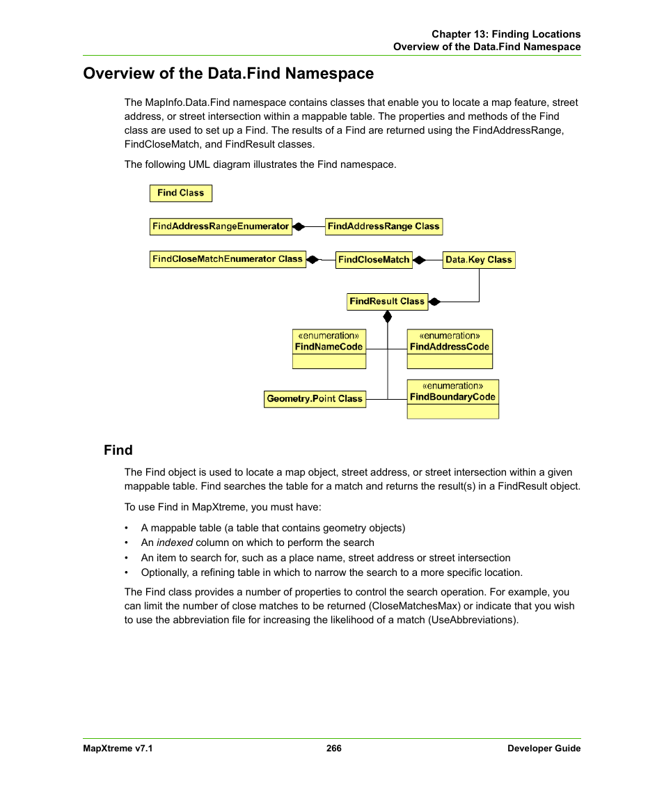 Overview of the data.find namespace, Find | Pitney Bowes MapXtreme User Manual | Page 259 / 640