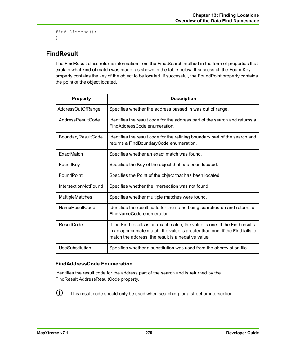 Findresult | Pitney Bowes MapXtreme User Manual | Page 263 / 640