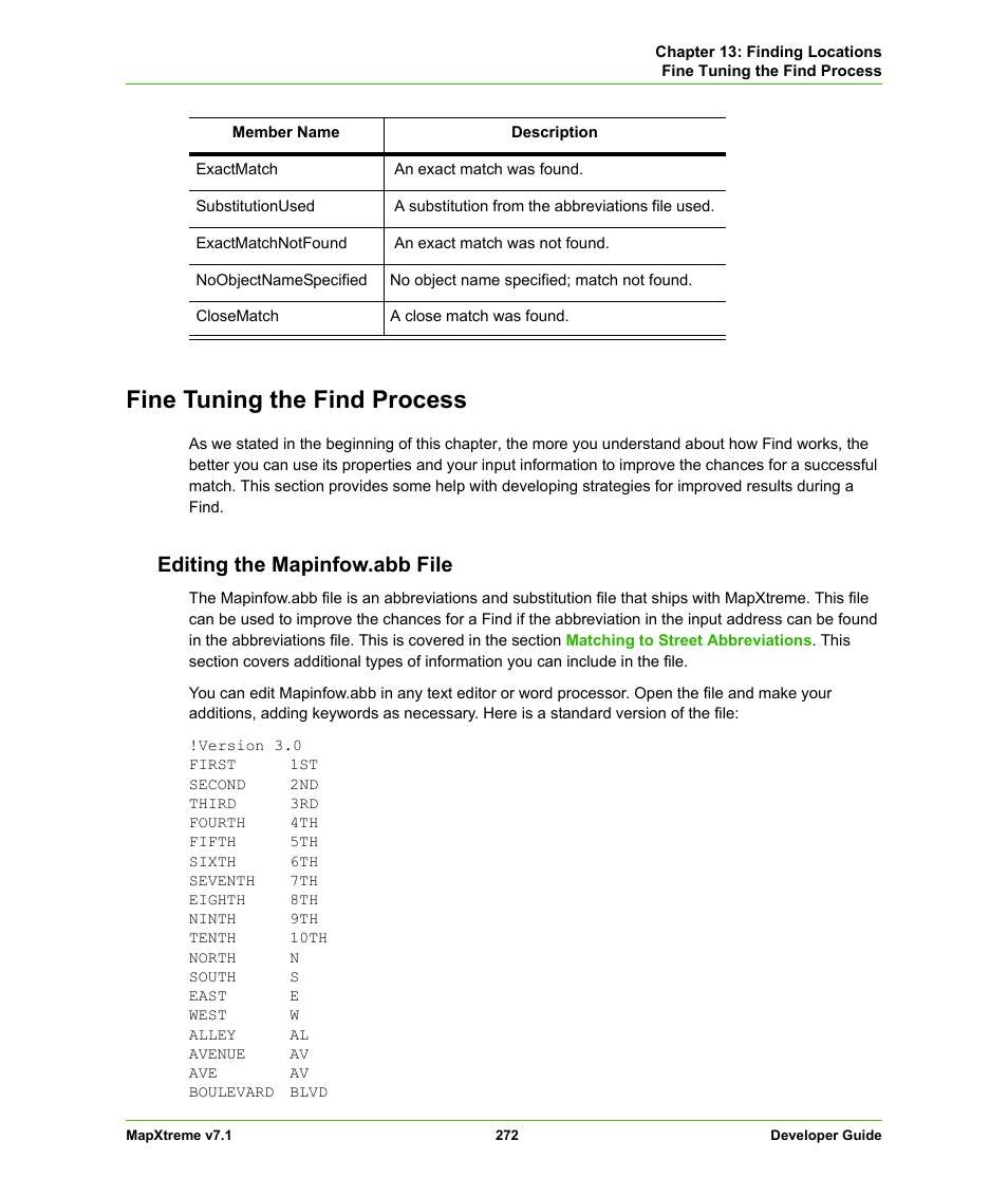 Fine tuning the find process, Editing the mapinfow.abb file | Pitney Bowes MapXtreme User Manual | Page 265 / 640