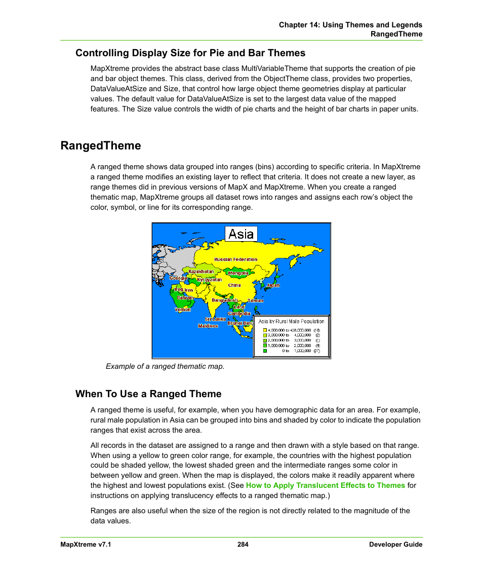 Controlling display size for pie and bar themes, Rangedtheme, When to use a ranged theme | Pitney Bowes MapXtreme User Manual | Page 277 / 640