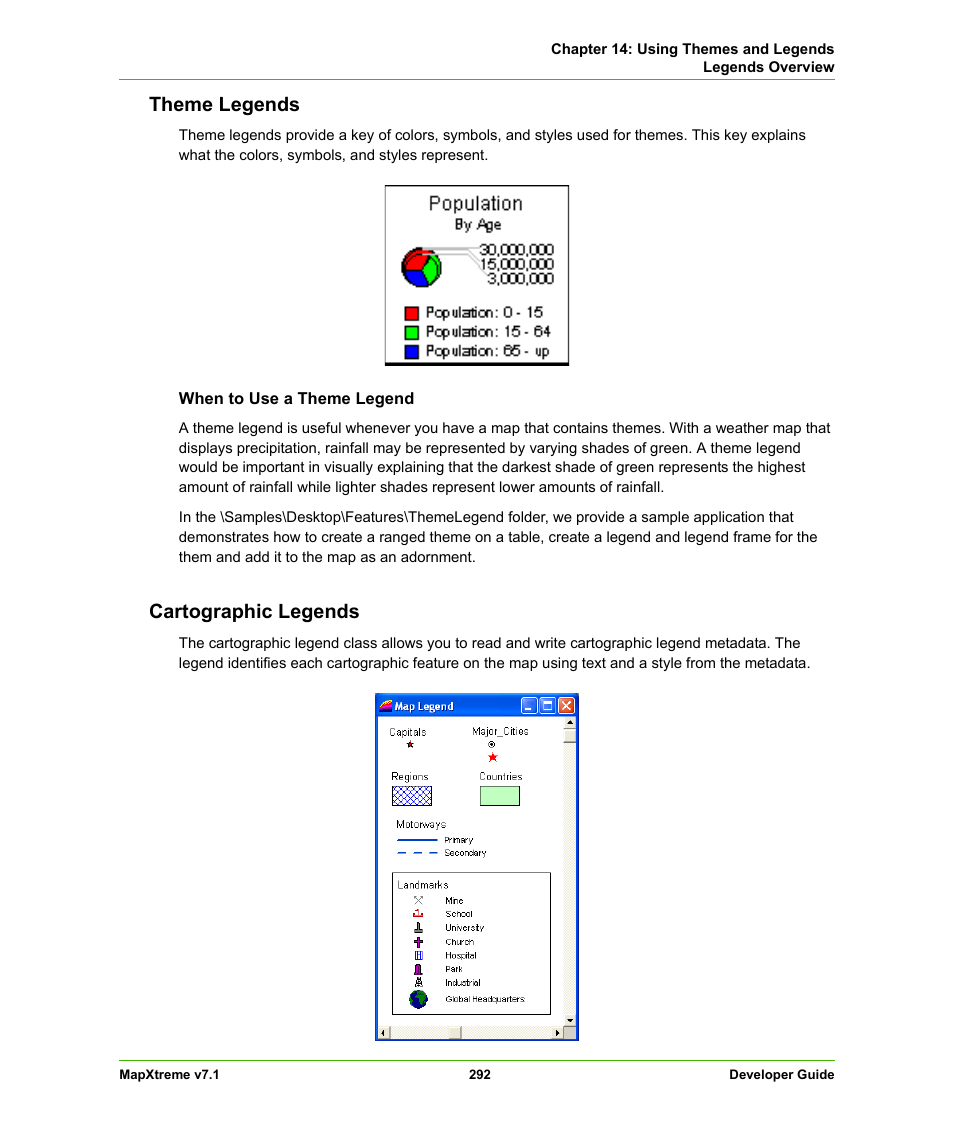 Theme legends, Cartographic legends, Theme legends cartographic legends | Pitney Bowes MapXtreme User Manual | Page 285 / 640