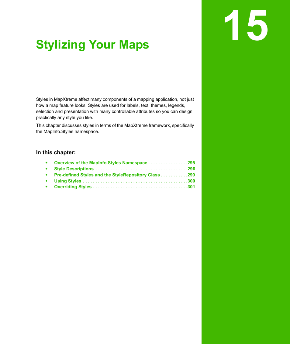 Chapter 15: stylizing your maps, Chapter 15: stylizing your, Maps | Chapter 15, Stylizing your maps | Pitney Bowes MapXtreme User Manual | Page 287 / 640