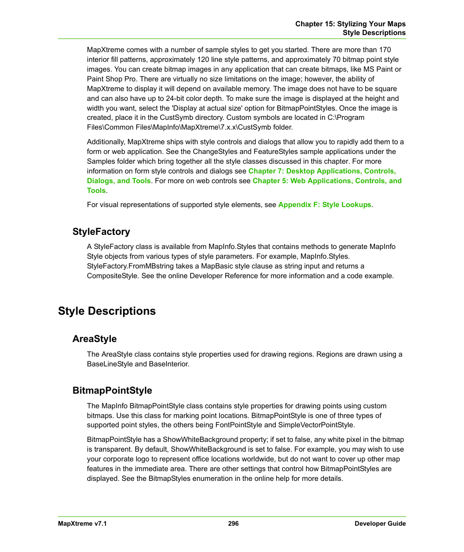 Stylefactory, Style descriptions, Areastyle | Bitmappointstyle, Areastyle bitmappointstyle | Pitney Bowes MapXtreme User Manual | Page 289 / 640
