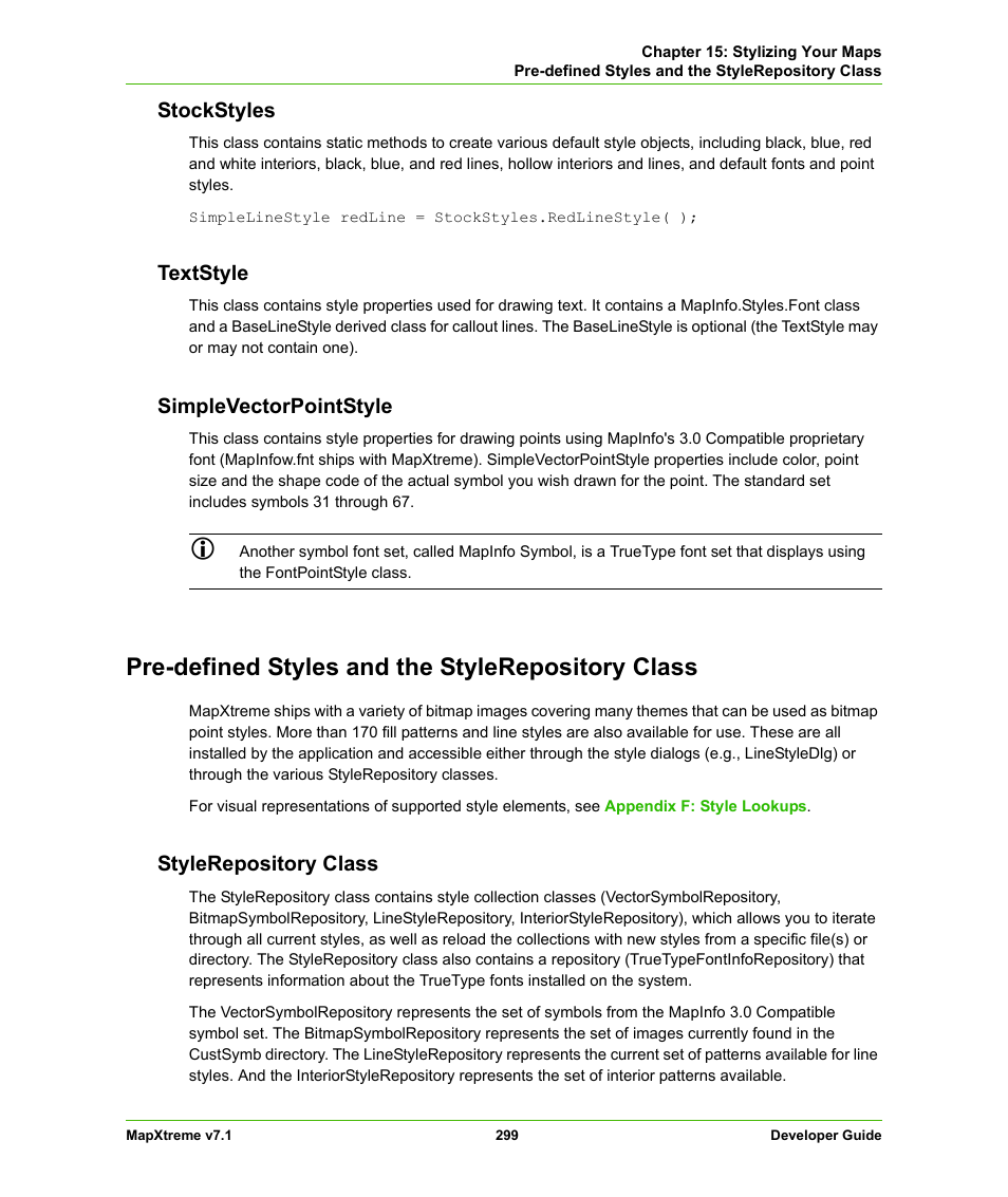 Stockstyles, Textstyle, Simplevectorpointstyle | Pre-defined styles and the stylerepository class, Stylerepository class, Stockstyles textstyle simplevectorpointstyle | Pitney Bowes MapXtreme User Manual | Page 292 / 640