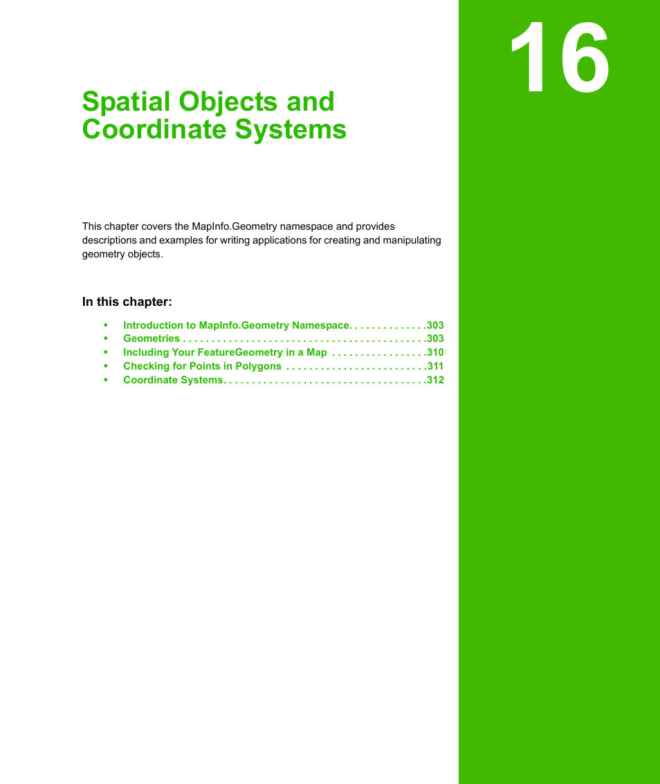 Chapter 16: spatial objects and coordinate systems, Chapter 16, Spatial objects and coordinate systems | Pitney Bowes MapXtreme User Manual | Page 295 / 640