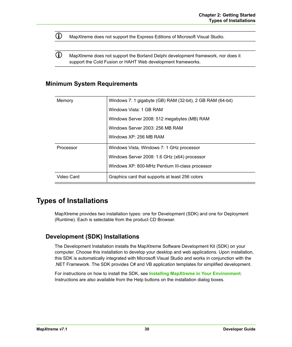 Minimum system requirements, Types of installations, Development (sdk) installations | Pitney Bowes MapXtreme User Manual | Page 30 / 640
