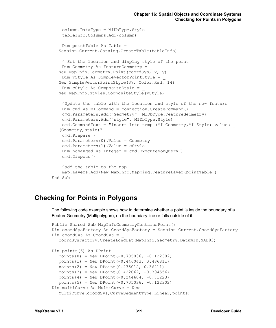 Checking for points in polygons | Pitney Bowes MapXtreme User Manual | Page 304 / 640