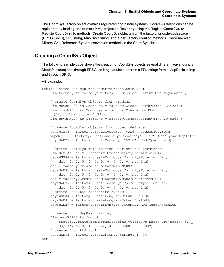 Creating a coordsys object | Pitney Bowes MapXtreme User Manual | Page 306 / 640