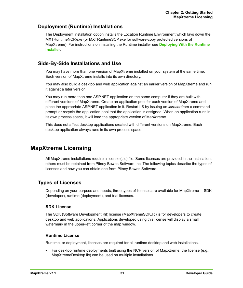 Deployment (runtime) installations, Side-by-side installations and use, Mapxtreme licensing | Types of licenses | Pitney Bowes MapXtreme User Manual | Page 31 / 640