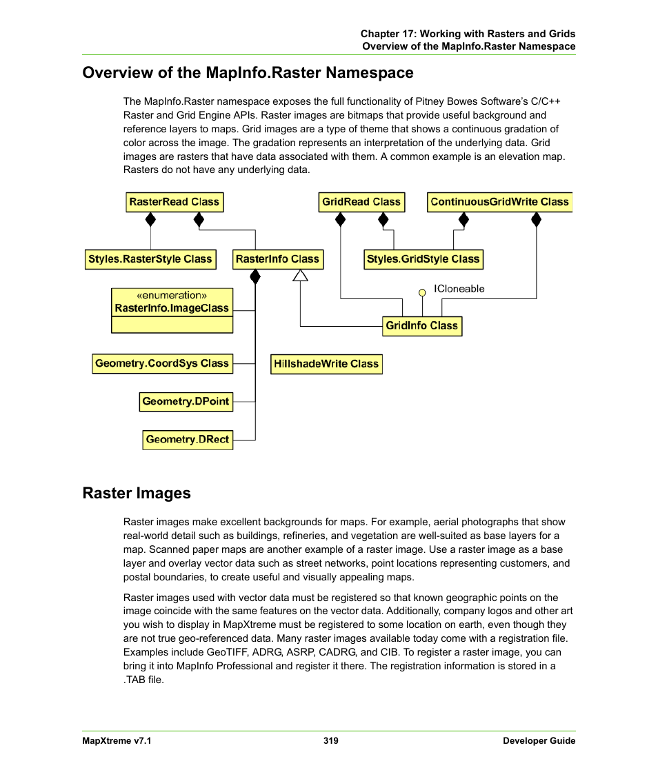 Overview of the mapinfo.raster namespace, Raster images, Mapinfo.raster namespace | Pitney Bowes MapXtreme User Manual | Page 312 / 640