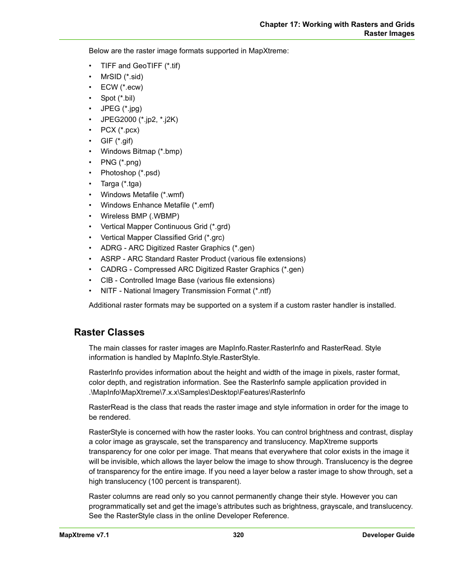 Raster classes | Pitney Bowes MapXtreme User Manual | Page 313 / 640