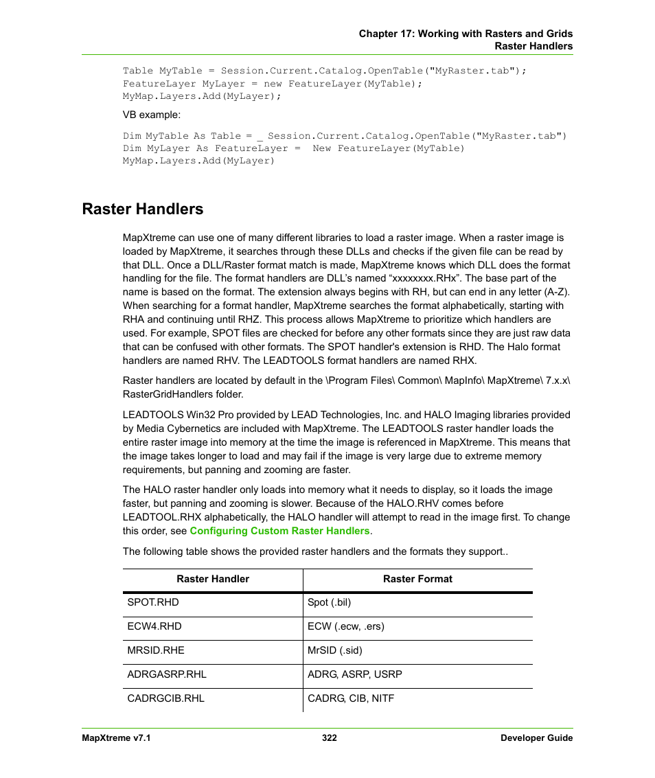 Raster handlers | Pitney Bowes MapXtreme User Manual | Page 315 / 640