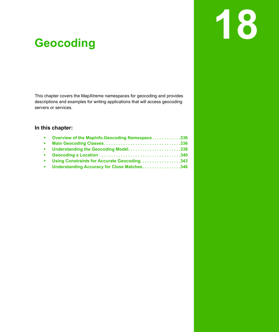 Chapter 18: geocoding, Chapter 18, Geocoding | Pitney Bowes MapXtreme User Manual | Page 328 / 640