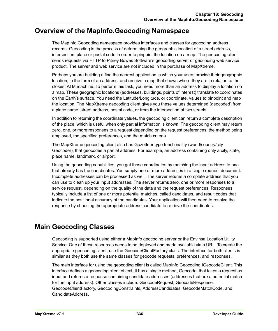 Overview of the mapinfo.geocoding namespace, Main geocoding classes | Pitney Bowes MapXtreme User Manual | Page 329 / 640