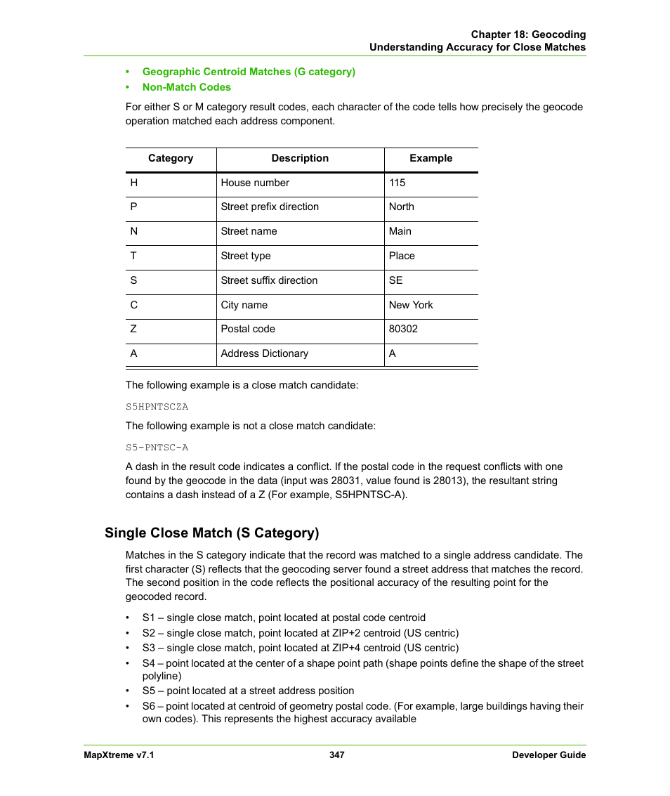 Single close match (s category) | Pitney Bowes MapXtreme User Manual | Page 340 / 640