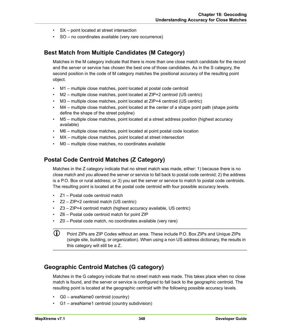 Best match from multiple candidates (m category), Postal code centroid matches (z category), Geographic centroid matches (g category) | Pitney Bowes MapXtreme User Manual | Page 341 / 640