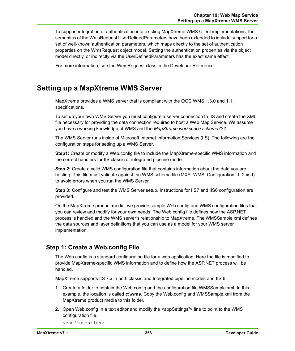Setting up a mapxtreme wms server, Step 1: create a web.config file | Pitney Bowes MapXtreme User Manual | Page 349 / 640
