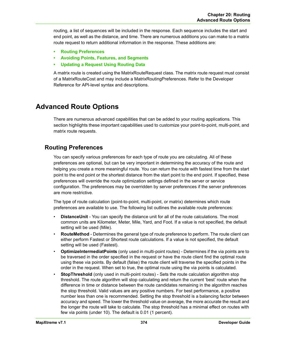 Advanced route options, Routing preferences | Pitney Bowes MapXtreme User Manual | Page 367 / 640