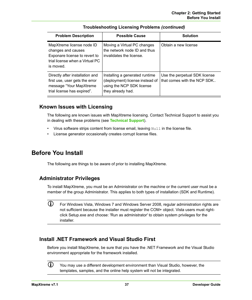 Known issues with licensing, Before you install, Administrator privileges | Install .net framework and visual studio first | Pitney Bowes MapXtreme User Manual | Page 37 / 640