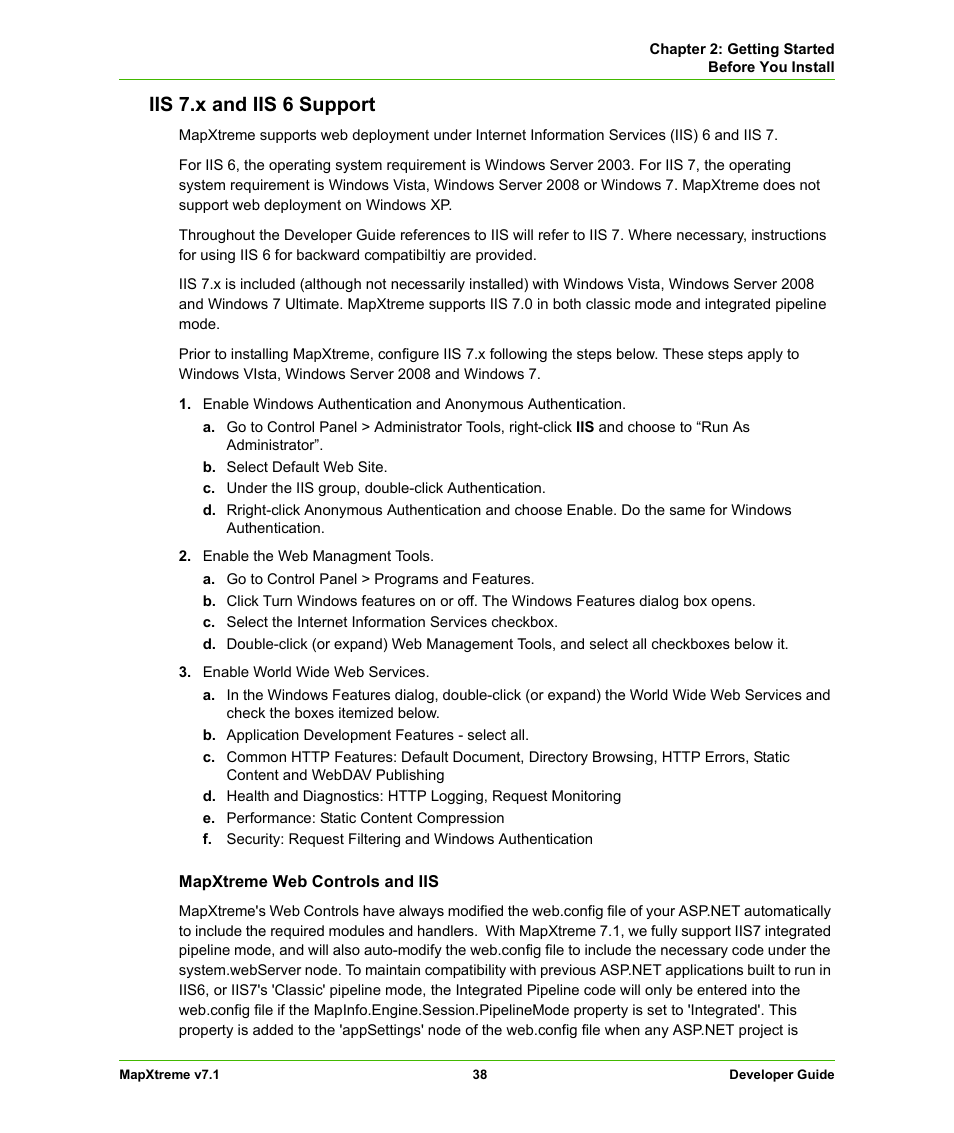 Iis 7.x and iis 6 support | Pitney Bowes MapXtreme User Manual | Page 38 / 640