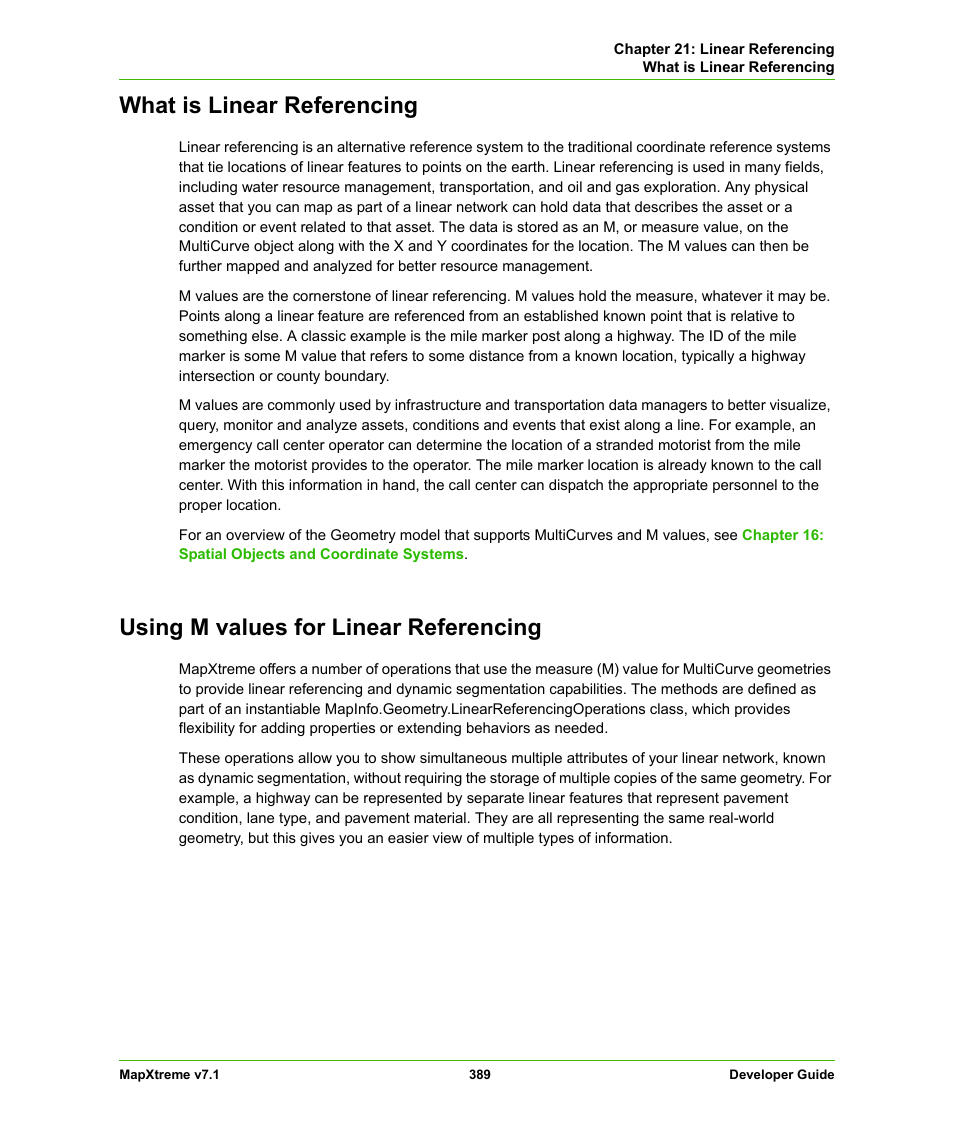 What is linear referencing, Using m values for linear referencing | Pitney Bowes MapXtreme User Manual | Page 382 / 640