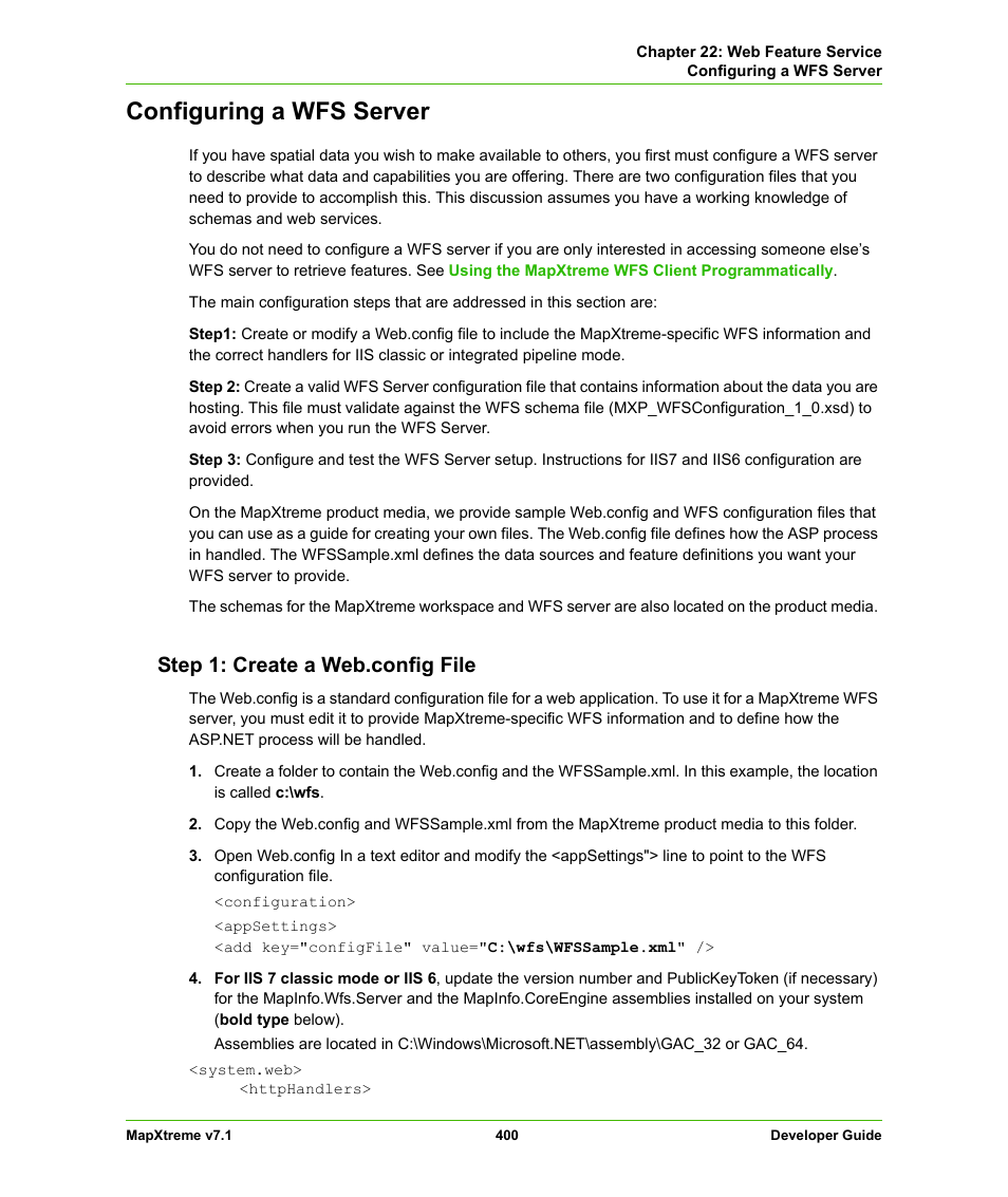 Configuring a wfs server, Step 1: create a web.config file | Pitney Bowes MapXtreme User Manual | Page 393 / 640